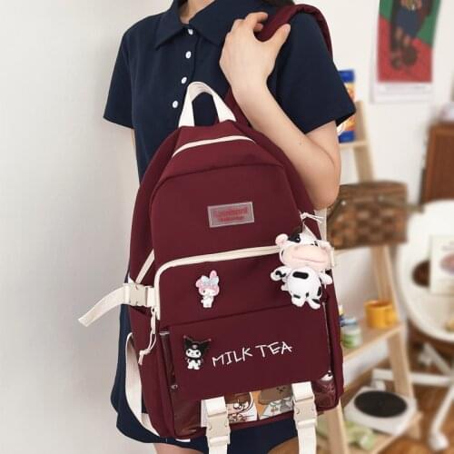 2021 Kawaii Multi-pocket Women Backpack Female Waterproof Nylon Letter Embroidery Book Bag Teenage Girl Contrast Color Schoolbag