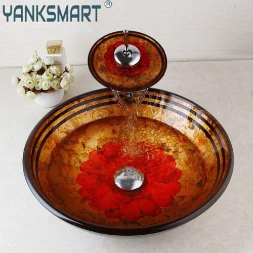 Bathroom Sink Sink Waterfall Taps Basin Bathroom Deck Mounted Sink Mixer Tap Hand Painting Glass with Faucet Modern Hand Painted