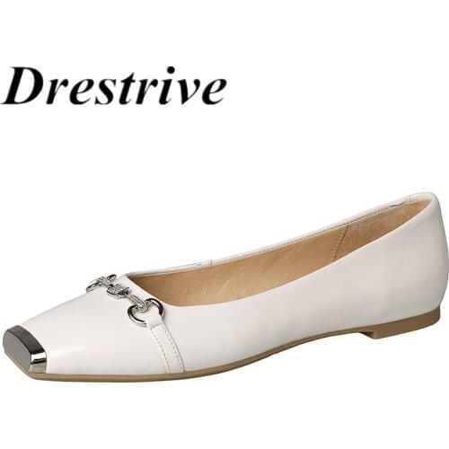 Drestrive Flats Metal Square Toe 2021 Summer Fashion Women Pumps Low Thick Heels Patent Leather Shallow Beige Crystal