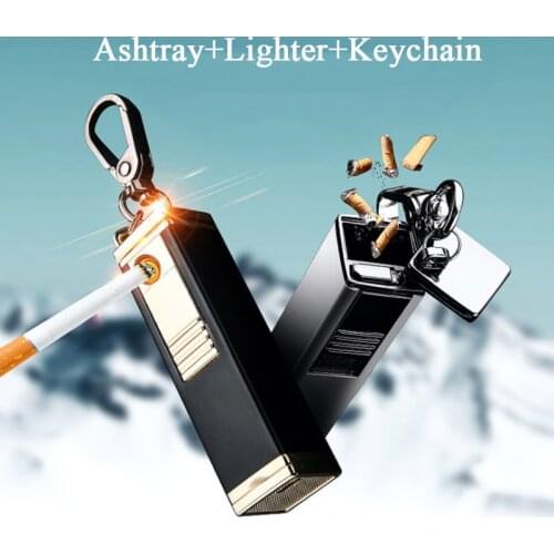 USB Charging Flameless Lighter Windproof Zinc Alloy Ashtray Keychain Cigarette Lighter Mens Gift Cigarette Accessories