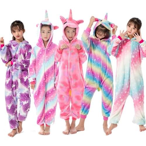 Girls Rainbow Unicorn Pajamas Kids Flannel Winter Kigurumi Pyjamas Kids Panda Sleepwear Licorne Unicornio Pajamas for Gir