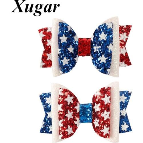 Xugar 2PCS Hair Accessories 3 Inch 4th of July Glitter Hair Clips for Girls Flag Print Hair Bows Independence Day Hair Barrettes