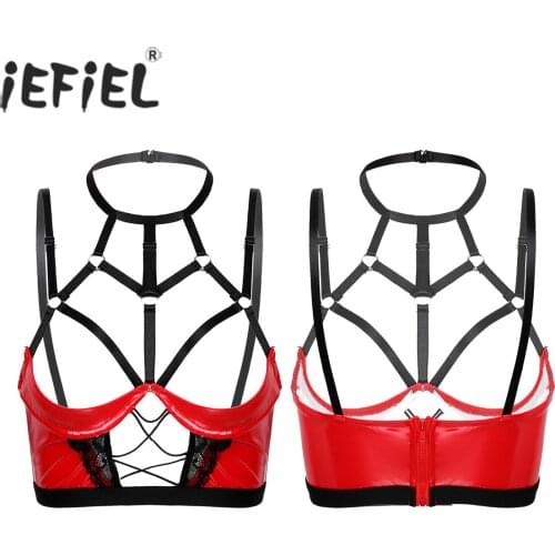 Womens Exotic Tanks Vest for Evening Party Hollow Out Strappy Patent Leather Bra Tops Back Zipper Underwire Unlined Brassiere