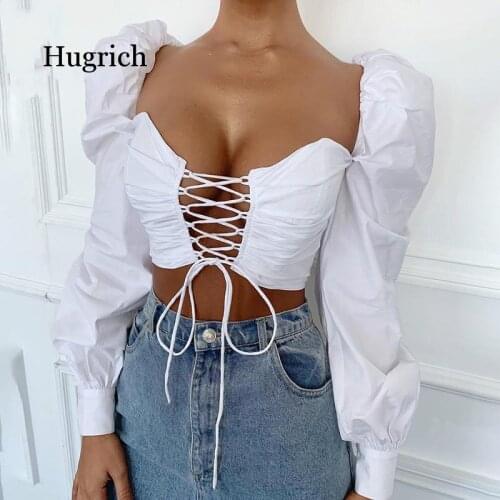 2020 Women Summer Cotton Bandage Blouse Big Long Slush Lantern Sleeve Adjustable Lace Up Strap Crop Top White Summer