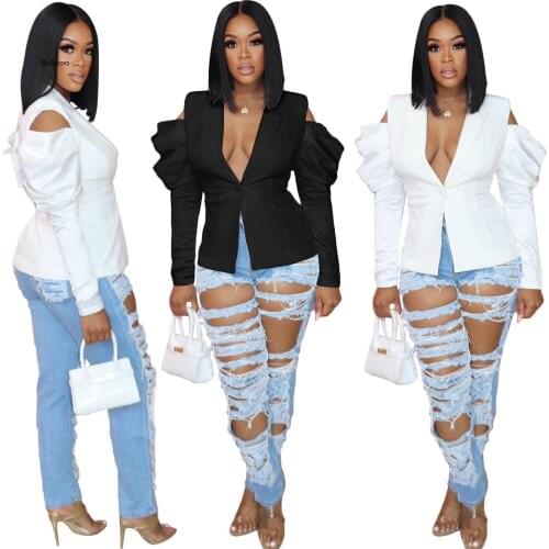 Women Jacket Blazers Puff Sleeve Notched Collar Single Button Slim Tops Offiece Lady Fashion Outfit Clothing Summer New