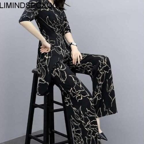 2021 Womens Summer Clothes Ladies Chiffon Wide Leg Pants Set Fashionable Loose Summer New Lightweight Korean Two-Piece Set