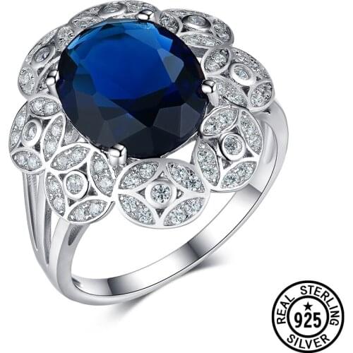 Dyson 925 Sterling Silver Ring Cluster Flower Pave Crystal Zircon Created Nano Blue Sapphire Ring For Women Luxury Fine Jewllery