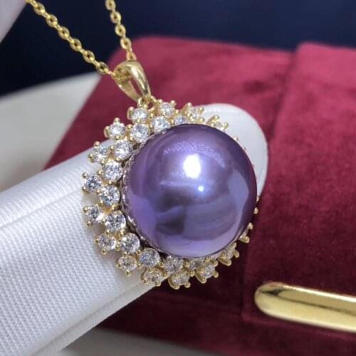 Fine Jewelry 18K Yellow Gold Natural Ocean Purple Pearl 15-14mm Pendant Necklaces for Women FIne Pearls Pendants