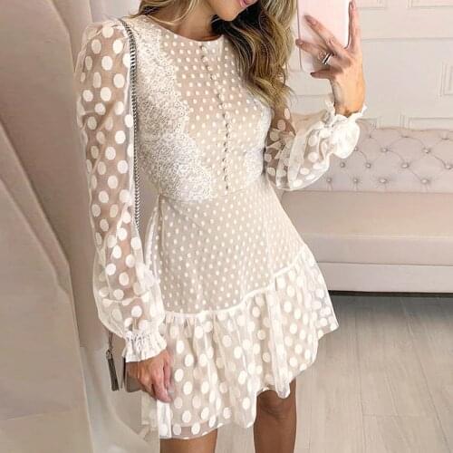 Foridol Spring Mesh Lace Dresses Women Vintage Embroidery Polka Dot Short Party Dress Elegant Plus Size Button Ruffle Dresses