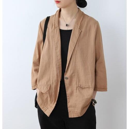 Cotton Linen 100% Women Blazers Winter New 2021 Turn-Down Collar Pocket Long-Sleeved Solid Casual All Match Female Outwear Tops
