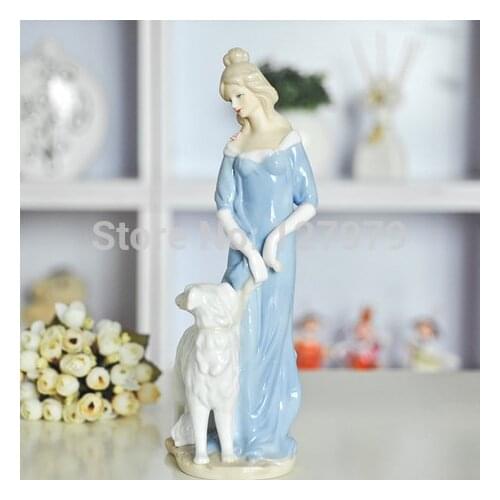 Woman and dog ceramic display porcelain home decor statue wedding gift Ornaments statuette crafts figurine living room study