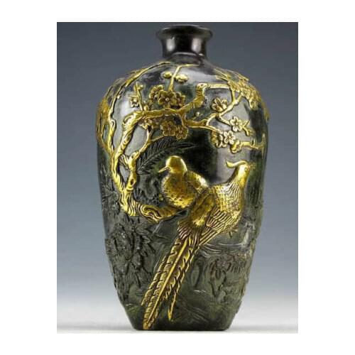 Chinese Vintage Bronze Statues Gold-plating Flower Bird Vase Pot 20cm