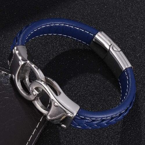 Fashion Multicolor Leather Bracelet for Men Handcuffs Gold/Steel Color Stainless Steel Cuff Chain Bangles Men Jewelry