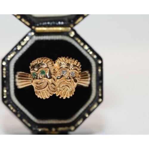 ANTIQUE STYLE NEW MADE 14K GOLD NATURAL DIAMOND AND EMERALD TWO MASK RING