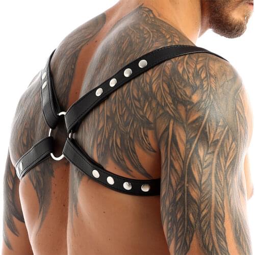 Hot Fashion Sexy Men Body Lingerie Faux Leather Adjustable Body Chest Harness Belt with Metal O-Rings Cosplay Bondage Costumes