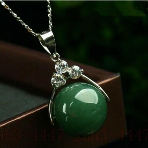 Natural Emerald green jade 13mm Lucky Beads Pendant Chinese Necklace Jewellery Fashion Amulet Gifts Man Women Free Rope New