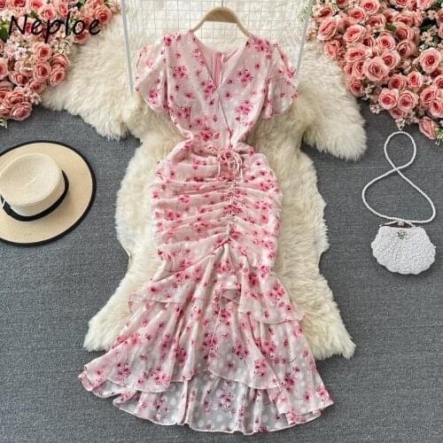 Neploe Retro Gentle Ruffled Fishtail Dress Women Puff Sleeve Slim Waist Fashion Robe V-neck Floral Print Chiffon Vestido Mujer