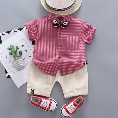 2021 new childrens summer new casual boys' Lapel stripe fashion Short Sleeve Shirt Set 2 pieces