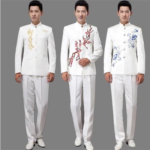 The new blue and white porcelain embroidery tunic suit young men 's clothing installed men' s choral performances host suit