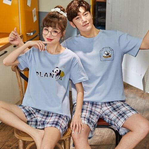 Couple Nightwear Suit Summer Short Sleeve Kawaii Cartoon Panda Printing Women Pajamas Cotton O-Neck Leisure Men Plaid Homewear