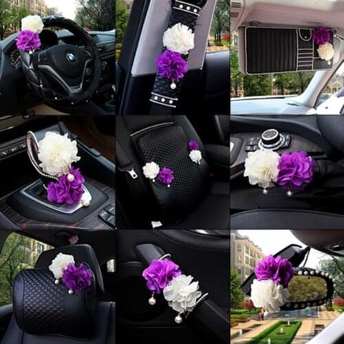 Sunflower Car Interior Decoration Sets Auto Seat Neck Waist Pillows Steering Wheel Covers Tissue box Gear Shifter Handbrake