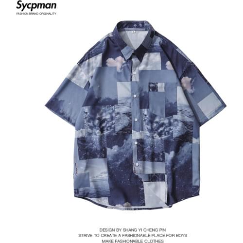 Mens short-sleeved shirt 2021 new summer loose casual button cardigan geometric creative pattern printing lapel top