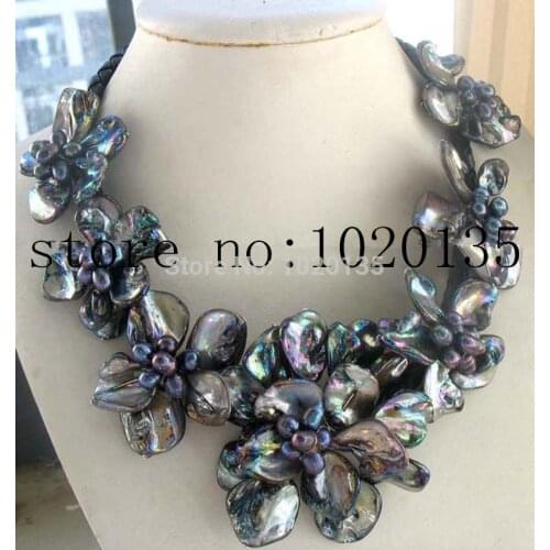 WOW! freshwater pearl black rice and shell flower necklace bracelet earring 18inch nature FPPJ 7pcs handmade
