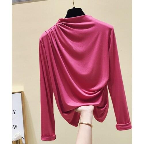 2021 Long Sleeve T Shirt Women Autumn Tops Folds Slim T-Shirt Female Korean Fashion Cotton Tshirts Woman Clothes Tee Shirt Femme