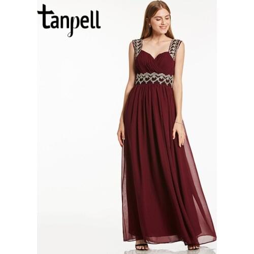 Tanpell straps long evening dress burgundy sleeveless floor length a line gown cheap lady beaded pleats prom formal evening gown