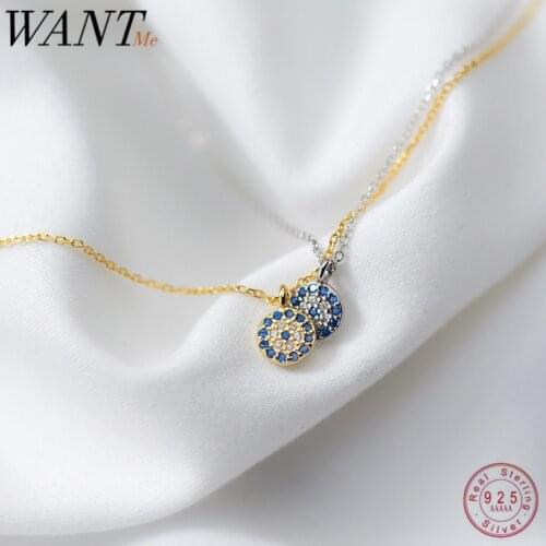 WANTME Fashion Round Geometric Blue Evil Eyes Pendant Necklace For Women Genuine 100% 925 Sterling Silver Office Party Jewelry