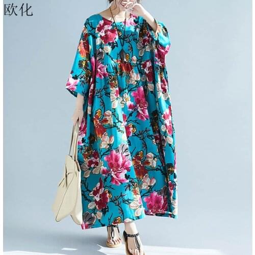 Plus Size 4XL 5XL 6XL Boho Dresses For Women Vintage Robe Female Cotton Printed Floral Maxi Dress Summer Large Size Linen Dress