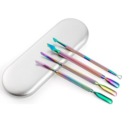 4Pcs/Box Dual-ended Stainless Steel Cuticle Pusher Chameleon Rainbow Color Dead Skin Remover Manicure Nail Art Care Tool