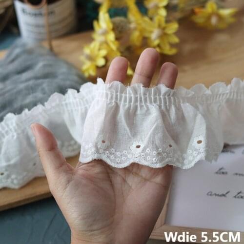5.5CM Wide White Cotton Ruffle Embroidered Flowers Fringe Ribbon Lace Fabric Collar Edge Trim Wedding Dress DIY Sewing Supplies