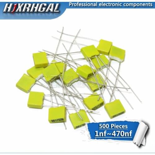 500pcs Polypropylene Safety Plastic Film 100V 1nF ~ 470nF 220nf 10nf 47nf 22nf 1nf 0.47uf 0.1uf Correction capacitor HJXRHGAL