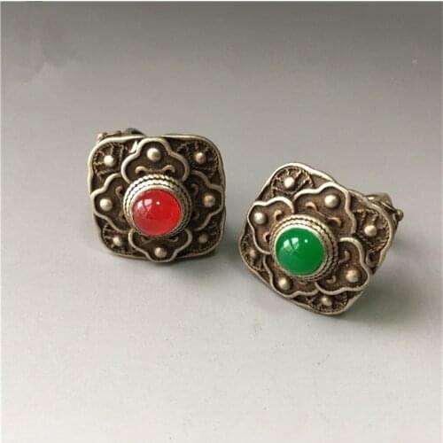 Antique Tibetan silver inlaid with Malay jade ring finger collection ethnic style adjustable inner diameter ring