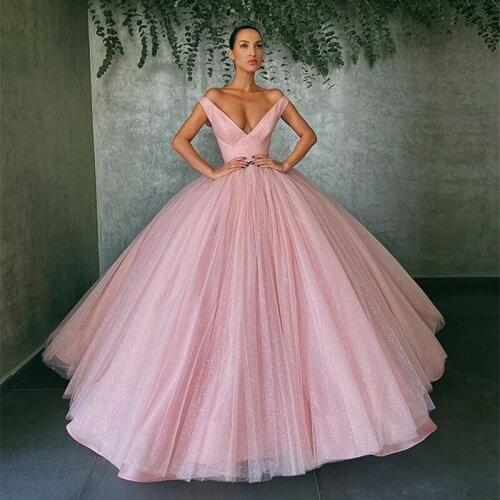 Off Shoulder V Neck Sequined Baby Pink Red Ball Gown Prom Dress