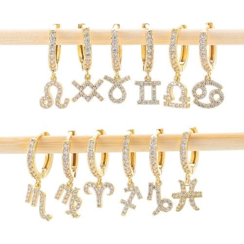EYIKA 1 Piece Twelve Constellations Small Drop Earring Micro Inlay Zircon Hoop Earring Gold Silver Plated Fashion Jewelry 2020