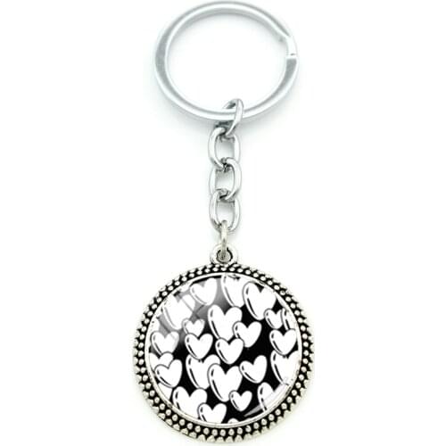 JWEIJIAO Personalized Design Black Love Cabochon Glass Pendant Keychain Round Glass Gemstone Keychain Metal Jewelry For Friends