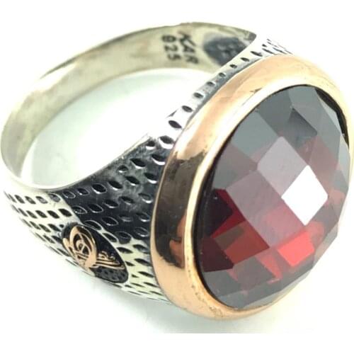 LARGE RED STONE STONE CHIC STONE SIDES WITH BRICK PATTERN ORNAMENTAL CHARISMATIC RING 925 SILVER Muslim Ring