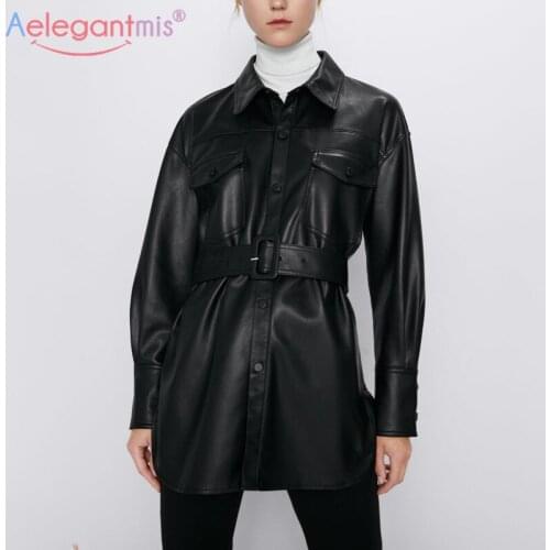 Aelegantmis Fashion Long Pu Leather Jacket Women Autumn Slim Faux Leather Jackets With Sashes Female Streetwear Casual Outerwear