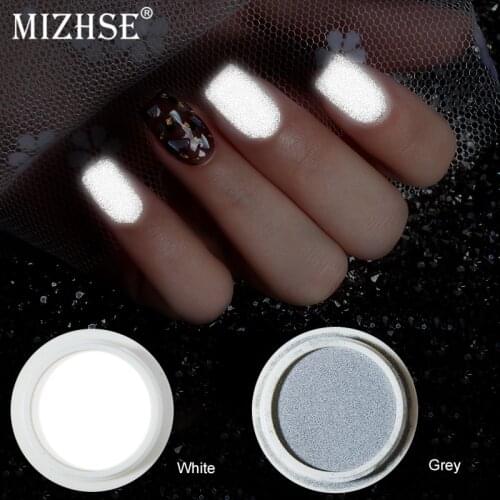 MIZHSE 1Box Reflective Nail Glitter Powder White Grey Highlighter In The Dark Bar Disco Sparkling Pigment Fluorescent Nail Art