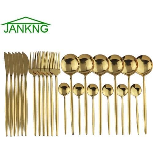 24Pcs/Set Tableware Set Gold 304 Stainless Steel Dinnerware Set Knife Fork Spoon Dinner Set Kitchen Mirror Black Cutlery Set