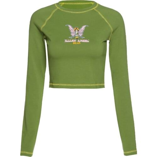 New Arrival Fashion Women Cartoon Printed Crop Tops Crew Neck Short Sleeve / Long Sleeve Navel Crop Tees Shirts Top