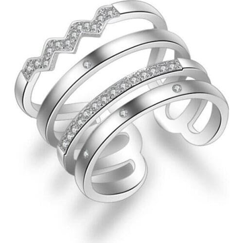 New Personality Exaggerated 925 Sterling Silver Jewelry Multi-layer Wave Irregular Atmosphere Crystal Opening Rings SR634