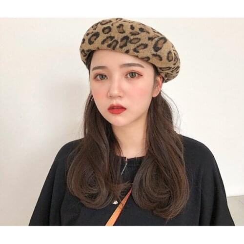 New Autumn Winter Vintage Girls Womens Solid Leather Beret Ladies Leopard Print Casual Hip Hop Street Cool Fashion Hats
