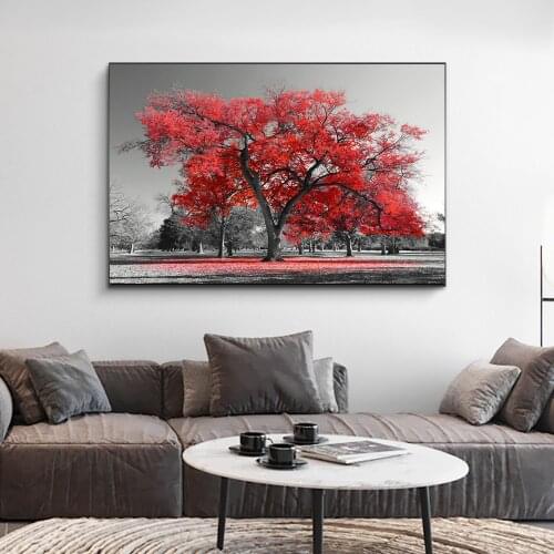 Autumn Red Life Tree Art Canvas Print Painting Black And White Landscape Wall Picture Living Room Modern Home Decoration Poster