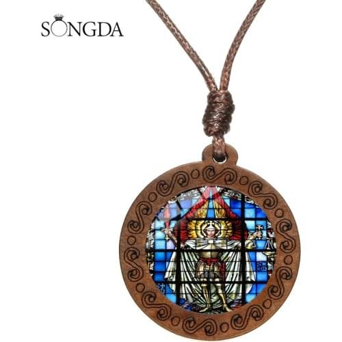 Archangel St.Michael Protect Me Saint Shield Protection Necklace Talisman Wooden Pendant Rope Chain Choker Christian Gift