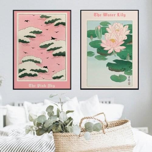 Pink Sky Water Lily Posters Vintage Japanese Canvas Painting Wall Art Picture Cover Magazine Exhibition Home Decoration Room