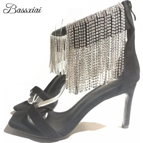 Jeweled Crystal Tassels Gladiator Sandals Women 10cm Thin High Heel Back Zip Square Open Toe Black Suede Party Sandalias Summer