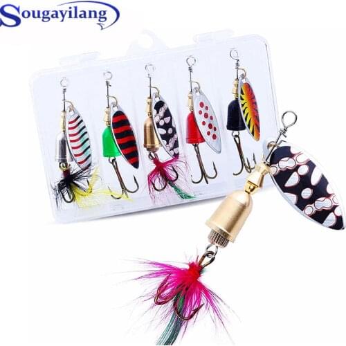 Sougayilang 5pcs Spinners Baits Hard Metal Fishing Combo Lures Bass Trout Salmon Baits Kits Spinnerbaits Tackle with Box